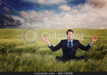 To use this stock image in your creative project, please select the size you need over to the right and click the "Add to Cart" button.
Your downloaded image will come with the Cutcaster watermark removed so don’t worry about the watermark you see on this page. Composite image of calm businessman sitting in lotus pose stock photo, Calm businessman sitting in lotus pose against nature scene by Wavebreak Media