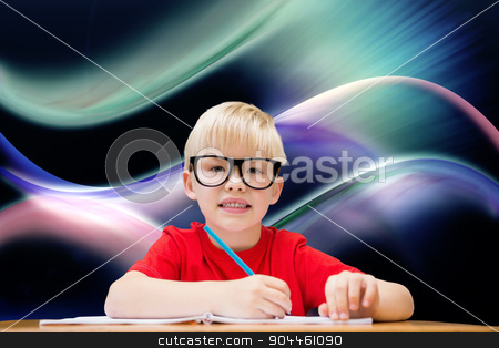 To use this stock image in your creative project, please select the size you need over to the right and click the "Add to Cart" button.
Your downloaded image will come with the Cutcaster watermark removed so don’t worry about the watermark you see on this page. Composite image of cute pupil at desk stock photo, Cute pupil at desk against glowing abstract design by Wavebreak Media