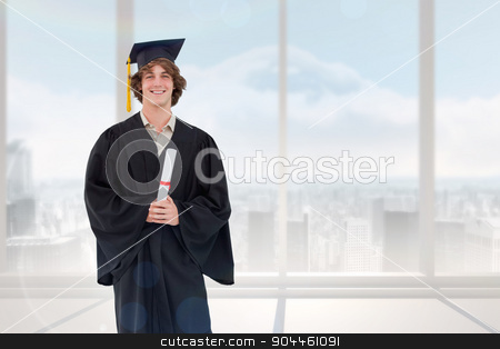 To use this stock image in your creative project, please select the size you need over to the right and click the "Add to Cart" button.
Your downloaded image will come with the Cutcaster watermark removed so don’t worry about the watermark you see on this page. Composite image of smiling student in graduate robe stock photo, Smiling student in graduate robe against bright white room with windows by Wavebreak Media