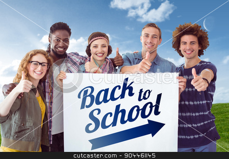 To use this stock image in your creative project, please select the size you need over to the right and click the "Add to Cart" button.
Your downloaded image will come with the Cutcaster watermark removed so don’t worry about the watermark you see on this page. Composite image of fashion students smiling at camera together stock photo, Fashion students smiling at camera together against green field under blue sky by Wavebreak Media