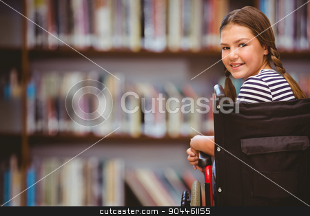 To use this stock image in your creative project, please select the size you need over to the right and click the "Add to Cart" button.
Your downloaded image will come with the Cutcaster watermark removed so don’t worry about the watermark you see on this page. Composite image of girl sitting in wheelchair in school stock photo, Girl sitting in wheelchair in school against library shelf by Wavebreak Media