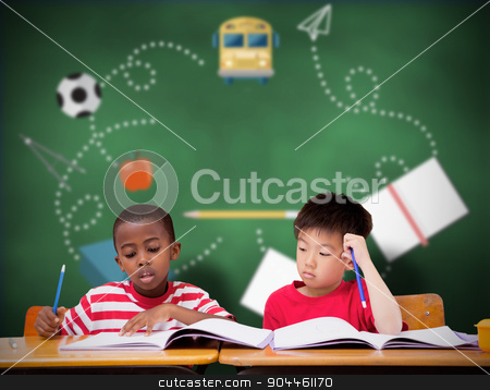 To use this stock image in your creative project, please select the size you need over to the right and click the "Add to Cart" button.
Your downloaded image will come with the Cutcaster watermark removed so don’t worry about the watermark you see on this page. Composite image of cute pupils writing at desk in classroom stock photo, Cute pupils writing at desk in classroom against green chalkboard by Wavebreak Media