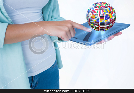 To use this stock image in your creative project, please select the size you need over to the right and click the "Add to Cart" button.
Your downloaded image will come with the Cutcaster watermark removed so don’t worry about the watermark you see on this page. Composite image of woman using tablet pc stock photo, Woman using tablet pc against sphere made of flags by Wavebreak Media