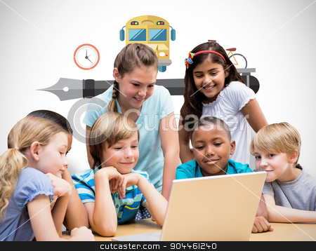 To use this stock image in your creative project, please select the size you need over to the right and click the "Add to Cart" button.
Your downloaded image will come with the Cutcaster watermark removed so don’t worry about the watermark you see on this page. Composite image of cute pupils using tablet computer in library stock photo, Cute pupils using tablet computer in library against white background with vignette by Wavebreak Media