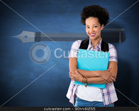 To use this stock image in your creative project, please select the size you need over to the right and click the "Add to Cart" button.
Your downloaded image will come with the Cutcaster watermark removed so don’t worry about the watermark you see on this page. Composite image of casual young woman with folder in office stock photo, Casual young woman with folder in office against blue chalkboard by Wavebreak Media