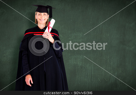 To use this stock image in your creative project, please select the size you need over to the right and click the "Add to Cart" button.
Your downloaded image will come with the Cutcaster watermark removed so don’t worry about the watermark you see on this page. Composite image of happy attractive graduate stock photo, Happy attractive graduate against green chalkboard by Wavebreak Media