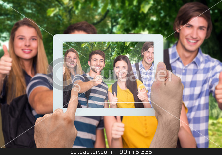 To use this stock image in your creative project, please select the size you need over to the right and click the "Add to Cart" button.
Your downloaded image will come with the Cutcaster watermark removed so don’t worry about the watermark you see on this page. Composite image of hand holding tablet pc stock photo, Hand holding tablet pc against park by Wavebreak Media