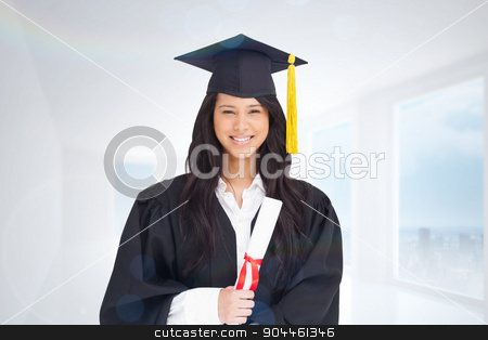 To use this stock image in your creative project, please select the size you need over to the right and click the "Add to Cart" button.
Your downloaded image will come with the Cutcaster watermark removed so don’t worry about the watermark you see on this page. Composite image of woman with her degree dressed in her graduati stock photo, Woman with her degree dressed in her graduation gown against bright white hall with columns by Wavebreak Media
