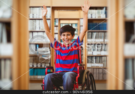 To use this stock image in your creative project, please select the size you need over to the right and click the "Add to Cart" button.
Your downloaded image will come with the Cutcaster watermark removed so don’t worry about the watermark you see on this page. Composite image of boy in wheelchair in school corridor stock photo, Boy in wheelchair in school corridor against library by Wavebreak Media