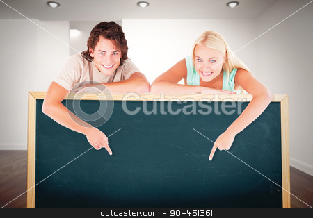 To use this stock image in your creative project, please select the size you need over to the right and click the "Add to Cart" button.
Your downloaded image will come with the Cutcaster watermark removed so don’t worry about the watermark you see on this page. Composite image of man and cute woman pointing on a whiteboard stock photo, Man and cute woman pointing on a whiteboard against white room with stairs by Wavebreak Media