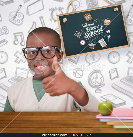 To use this stock image in your creative project, please select the size you need over to the right and click the "Add to Cart" button.
Your downloaded image will come with the Cutcaster watermark removed so don’t worry about the watermark you see on this page. Composite image of cute pupil with thumbs up stock photo, Cute pupil with thumbs up against overhead of wooden planks by Wavebreak Media