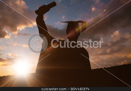 To use this stock image in your creative project, please select the size you need over to the right and click the "Add to Cart" button.
Your downloaded image will come with the Cutcaster watermark removed so don’t worry about the watermark you see on this page. Composite image of silhouette of graduate stock photo, Silhouette of graduate against clouds by Wavebreak Media