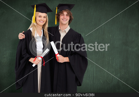 To use this stock image in your creative project, please select the size you need over to the right and click the "Add to Cart" button.
Your downloaded image will come with the Cutcaster watermark removed so don’t worry about the watermark you see on this page. Composite image of two students in graduate robe shoulder to sho stock photo, Two students in graduate robe shoulder to shoulder against green chalkboard by Wavebreak Media