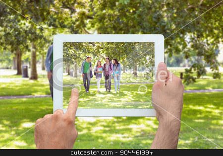 To use this stock image in your creative project, please select the size you need over to the right and click the "Add to Cart" button.
Your downloaded image will come with the Cutcaster watermark removed so don’t worry about the watermark you see on this page. Composite image of hand holding tablet pc stock photo, Hand holding tablet pc against froup of college students walking in the park by Wavebreak Media