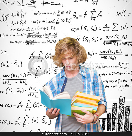 To use this stock image in your creative project, please select the size you need over to the right and click the "Add to Cart" button.
Your downloaded image will come with the Cutcaster watermark removed so don’t worry about the watermark you see on this page. Composite image of student reading stock photo, Student reading against maths equations by Wavebreak Media