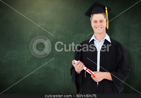 To use this stock image in your creative project, please select the size you need over to the right and click the "Add to Cart" button.
Your downloaded image will come with the Cutcaster watermark removed so don’t worry about the watermark you see on this page. Composite image of man smiling as he has just graduated with his stock photo, Man smiling as he has just graduated with his degree against green chalkboard by Wavebreak Media