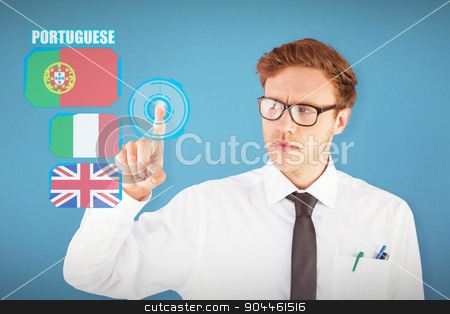 To use this stock image in your creative project, please select the size you need over to the right and click the "Add to Cart" button.
Your downloaded image will come with the Cutcaster watermark removed so don’t worry about the watermark you see on this page. Composite image of geeky businessman smiling and pointing stock photo, Geeky businessman smiling and pointing against blue background by Wavebreak Media