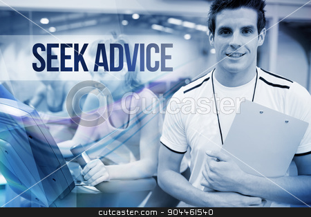 To use this stock image in your creative project, please select the size you need over to the right and click the "Add to Cart" button.
Your downloaded image will come with the Cutcaster watermark removed so don’t worry about the watermark you see on this page. Seek advice against spinning class instructor holding clipboard stock photo, The word seek advice against spinning class instructor holding clipboard by Wavebreak Media