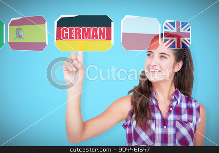 To use this stock image in your creative project, please select the size you need over to the right and click the "Add to Cart" button.
Your downloaded image will come with the Cutcaster watermark removed so don’t worry about the watermark you see on this page. Composite image of pretty brunette pointing something with her f stock photo, Pretty brunette pointing something with her finger against blue background with vignette by Wavebreak Media