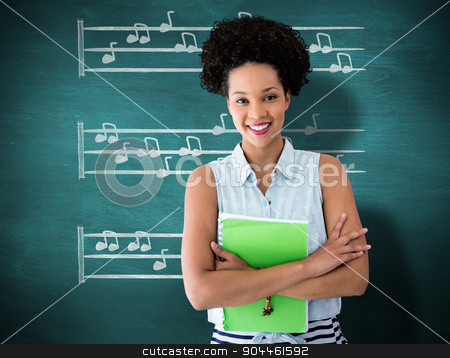 To use this stock image in your creative project, please select the size you need over to the right and click the "Add to Cart" button.
Your downloaded image will come with the Cutcaster watermark removed so don’t worry about the watermark you see on this page. Composite image of portrait of smiling young woman with file stock photo, Portrait of smiling young woman with file against green chalkboard by Wavebreak Media
