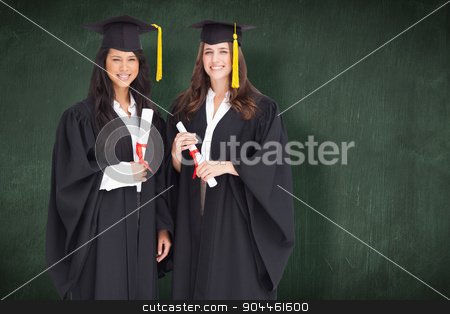 To use this stock image in your creative project, please select the size you need over to the right and click the "Add to Cart" button.
Your downloaded image will come with the Cutcaster watermark removed so don’t worry about the watermark you see on this page. Composite image of full length shot of two women graduating stock photo, Full length shot of two women graduating against green chalkboard by Wavebreak Media