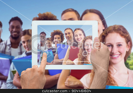 To use this stock image in your creative project, please select the size you need over to the right and click the "Add to Cart" button.
Your downloaded image will come with the Cutcaster watermark removed so don’t worry about the watermark you see on this page. Composite image of hand holding tablet pc stock photo, Hand holding tablet pc against park on sunny day by Wavebreak Media
