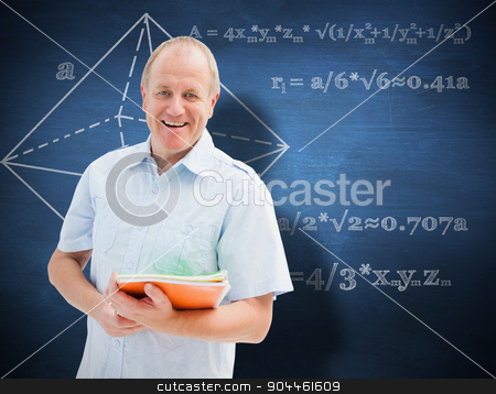 To use this stock image in your creative project, please select the size you need over to the right and click the "Add to Cart" button.
Your downloaded image will come with the Cutcaster watermark removed so don’t worry about the watermark you see on this page. Composite image of mature student holding notebooks stock photo, Mature student holding notebooks against blue chalkboard by Wavebreak Media