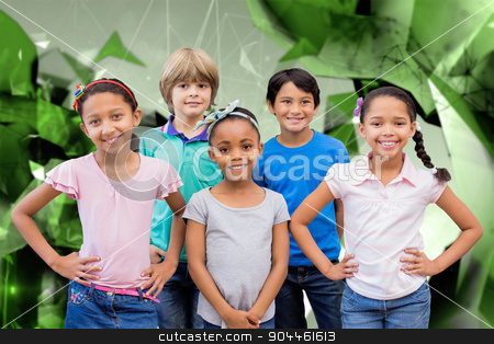 To use this stock image in your creative project, please select the size you need over to the right and click the "Add to Cart" button.
Your downloaded image will come with the Cutcaster watermark removed so don’t worry about the watermark you see on this page. Composite image of cute pupils smiling at camera in classroom stock photo, Cute pupils smiling at camera in classroom against angular design by Wavebreak Media