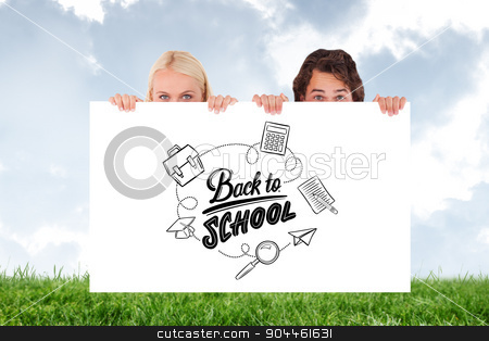 To use this stock image in your creative project, please select the size you need over to the right and click the "Add to Cart" button.
Your downloaded image will come with the Cutcaster watermark removed so don’t worry about the watermark you see on this page. Composite image of happy couple hiding behind a whiteboard stock photo, Happy Couple hiding behind a whiteboard against sky over green field by Wavebreak Media