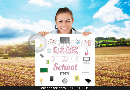 To use this stock image in your creative project, please select the size you need over to the right and click the "Add to Cart" button.
Your downloaded image will come with the Cutcaster watermark removed so don’t worry about the watermark you see on this page. Composite image of smiling businesswoman looking over wall stock photo, Smiling businesswoman looking over wall against blue sky over fields by Wavebreak Media