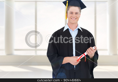 To use this stock image in your creative project, please select the size you need over to the right and click the "Add to Cart" button.
Your downloaded image will come with the Cutcaster watermark removed so don’t worry about the watermark you see on this page. Composite image of man smiling as he has just graduated with his stock photo, Man smiling as he has just graduated with his degree against room with large window by Wavebreak Media