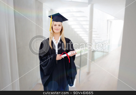 To use this stock image in your creative project, please select the size you need over to the right and click the "Add to Cart" button.
Your downloaded image will come with the Cutcaster watermark removed so don’t worry about the watermark you see on this page. Composite image of blonde student in graduate robe holding up he stock photo, Blonde student in graduate robe holding up her diploma against stylish modern home interior with staircase by Wavebreak Media
