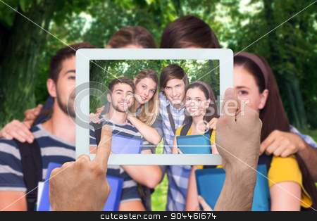 To use this stock image in your creative project, please select the size you need over to the right and click the "Add to Cart" button.
Your downloaded image will come with the Cutcaster watermark removed so don’t worry about the watermark you see on this page. Composite image of hand holding tablet pc stock photo, Hand holding tablet pc against park on sunny day by Wavebreak Media