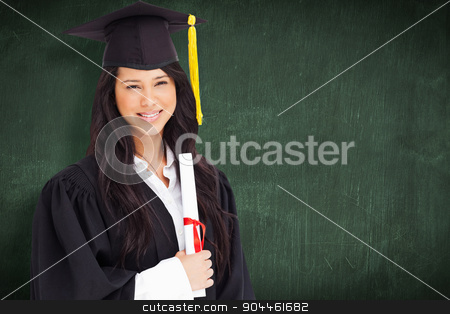 To use this stock image in your creative project, please select the size you need over to the right and click the "Add to Cart" button.
Your downloaded image will come with the Cutcaster watermark removed so don’t worry about the watermark you see on this page. Composite image of a woman standing to the side slightly with he stock photo, A woman standing to the side slightly with her degree and dressed in her graduation robe against green chalkboard by Wavebreak Media