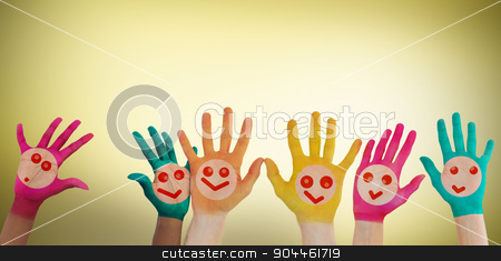 To use this stock image in your creative project, please select the size you need over to the right and click the "Add to Cart" button.
Your downloaded image will come with the Cutcaster watermark removed so don’t worry about the watermark you see on this page. Composite image of hands with colourful smiley faces stock photo, Hands with colourful smiley faces against yellow vignette by Wavebreak Media