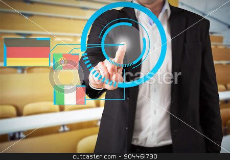 To use this stock image in your creative project, please select the size you need over to the right and click the "Add to Cart" button.
Your downloaded image will come with the Cutcaster watermark removed so don’t worry about the watermark you see on this page. Composite image of businessman standing and pointing stock photo, Businessman standing and pointing against empty seats with tables in a lecture hall by Wavebreak Media