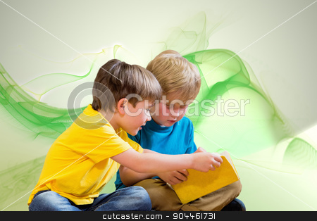 To use this stock image in your creative project, please select the size you need over to the right and click the "Add to Cart" button.
Your downloaded image will come with the Cutcaster watermark removed so don’t worry about the watermark you see on this page. Composite image of pupils reading book stock photo, Pupils reading book against green abstract design by Wavebreak Media