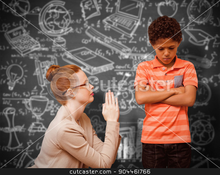To use this stock image in your creative project, please select the size you need over to the right and click the "Add to Cart" button.
Your downloaded image will come with the Cutcaster watermark removed so don’t worry about the watermark you see on this page. Composite image of teacher begging boy stock photo, Teacher begging boy against black background by Wavebreak Media