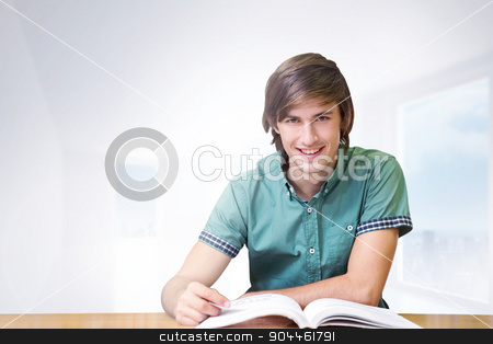 To use this stock image in your creative project, please select the size you need over to the right and click the "Add to Cart" button.
Your downloaded image will come with the Cutcaster watermark removed so don’t worry about the watermark you see on this page. Composite image of student sitting in library reading stock photo, Student sitting in library reading against bright white hall with columns by Wavebreak Media