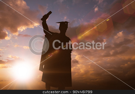 To use this stock image in your creative project, please select the size you need over to the right and click the "Add to Cart" button.
Your downloaded image will come with the Cutcaster watermark removed so don’t worry about the watermark you see on this page. Composite image of silhouette of graduate stock photo, Silhouette of graduate against sun shining by Wavebreak Media