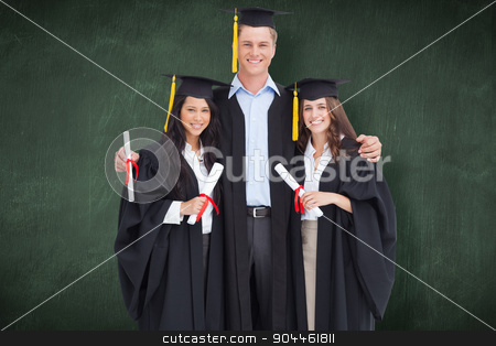To use this stock image in your creative project, please select the size you need over to the right and click the "Add to Cart" button.
Your downloaded image will come with the Cutcaster watermark removed so don’t worry about the watermark you see on this page. Composite image of full length of three friends graduate from co stock photo, Full length of three friends graduate from college together against green chalkboard by Wavebreak Media