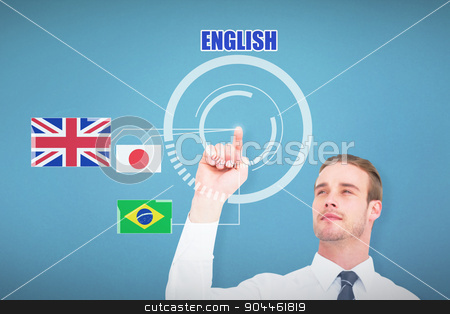 To use this stock image in your creative project, please select the size you need over to the right and click the "Add to Cart" button.
Your downloaded image will come with the Cutcaster watermark removed so don’t worry about the watermark you see on this page. Composite image of cheerful businessman pointing with his finger stock photo, Cheerful businessman pointing with his finger against blue background by Wavebreak Media