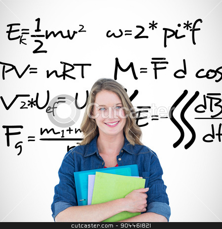 To use this stock image in your creative project, please select the size you need over to the right and click the "Add to Cart" button.
Your downloaded image will come with the Cutcaster watermark removed so don’t worry about the watermark you see on this page. Composite image of smiling student holding notebook and file stock photo, Smiling student holding notebook and file against maths equation by Wavebreak Media