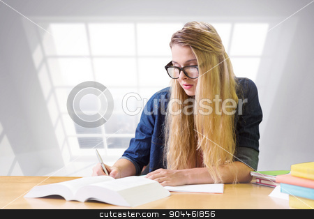 To use this stock image in your creative project, please select the size you need over to the right and click the "Add to Cart" button.
Your downloaded image will come with the Cutcaster watermark removed so don’t worry about the watermark you see on this page. Composite image of student studying in the library stock photo, Student studying in the library against room with large window showing city by Wavebreak Media