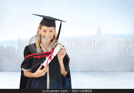 To use this stock image in your creative project, please select the size you need over to the right and click the "Add to Cart" button.
Your downloaded image will come with the Cutcaster watermark removed so don’t worry about the watermark you see on this page. Composite image of woman smiling at her graduation stock photo, Woman smiling at her graduation against city scene in a room by Wavebreak Media