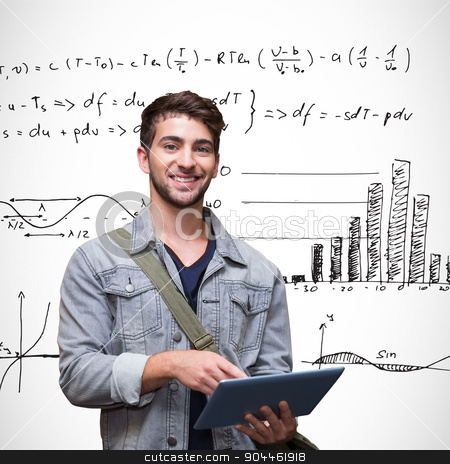 To use this stock image in your creative project, please select the size you need over to the right and click the "Add to Cart" button.
Your downloaded image will come with the Cutcaster watermark removed so don’t worry about the watermark you see on this page. Composite image of student using tablet in library stock photo, Student using tablet in library against maths equations by Wavebreak Media