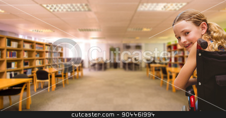 To use this stock image in your creative project, please select the size you need over to the right and click the "Add to Cart" button.
Your downloaded image will come with the Cutcaster watermark removed so don’t worry about the watermark you see on this page. Composite image of portrait of cute girl sitting in wheelchair stock photo, Portrait of cute girl sitting in wheelchair against view of library by Wavebreak Media