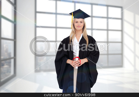 To use this stock image in your creative project, please select the size you need over to the right and click the "Add to Cart" button.
Your downloaded image will come with the Cutcaster watermark removed so don’t worry about the watermark you see on this page. Composite image of blonde student in graduate robe stock photo, Blonde student in graduate robe against room with large window showing city by Wavebreak Media