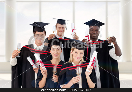 To use this stock image in your creative project, please select the size you need over to the right and click the "Add to Cart" button.
Your downloaded image will come with the Cutcaster watermark removed so don’t worry about the watermark you see on this page. Composite image of group of people graduating from college stock photo, Group of people Graduating from College against room with large window by Wavebreak Media