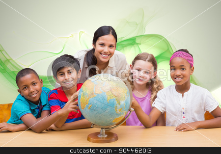 To use this stock image in your creative project, please select the size you need over to the right and click the "Add to Cart" button.
Your downloaded image will come with the Cutcaster watermark removed so don’t worry about the watermark you see on this page. Composite image of cute pupils and teacher looking at globe in l stock photo, Cute pupils and teacher looking at globe in library against green abstract design by Wavebreak Media